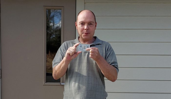 Jamie Shupe obtaining a new military ID card with male sex designation in February 2019. (Photo: Jamie Shupe)