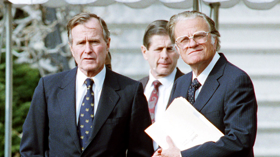 President George Bush Stands With Billy Graham January 19, 1991 At The White House Shortly After Graham Made A Speech In Washington, DC.