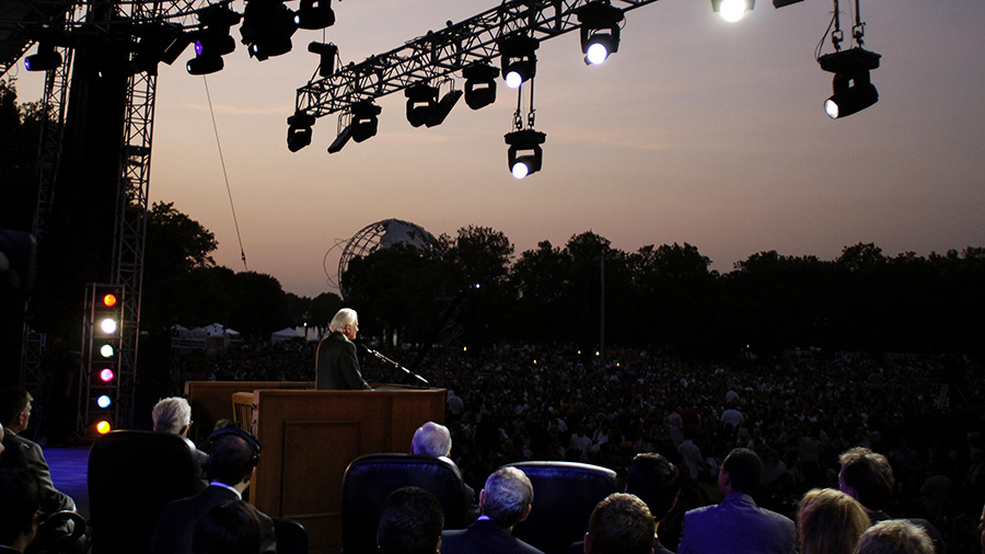 Billy Graham preaches during his New York Crusade at Flushing Meadows Park on June 24, 2005 in Queens, New York.