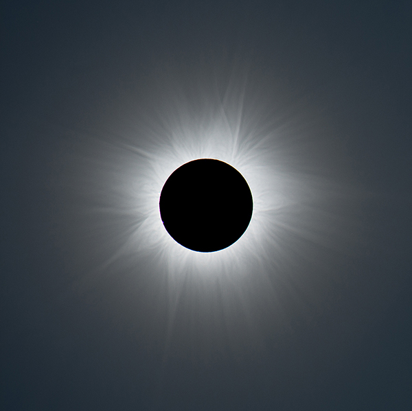 The total phase of the November 13, 2012, solar eclipse as seen from Australia. This is a composite of short, medium, and long exposures, as no single exposure can capture the huge range of brightness exhibited by the solar corona. No filter was used during the exposures, as totality is about as bright as the full Moon and just as safe to look at. At all other times, though, a safe solar filter is required to observe or photograph the Sun. 
