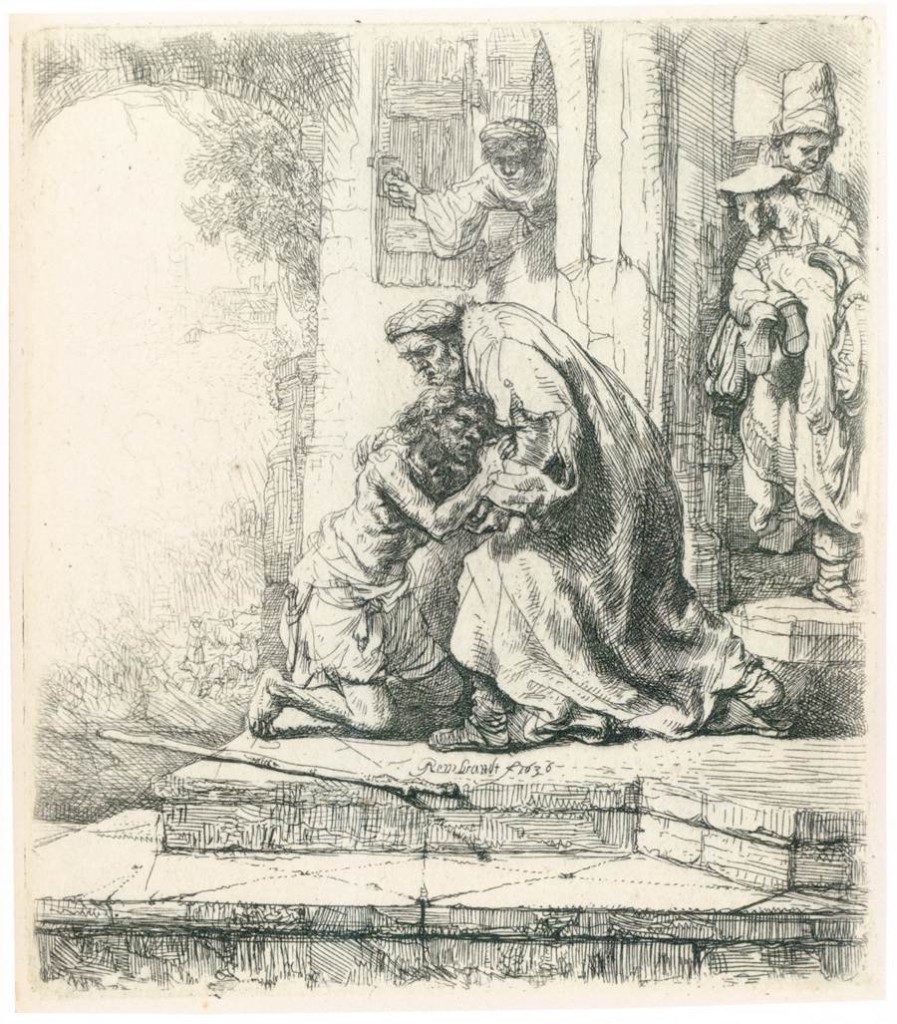 The Return of the Prodigal Son. (1636) This work is linked to Luke 15:21 The first of Rembrandt's portrayals of the story from Luke 15. The father embraces the prodigal son. In the background, the servants, who, commanded by the father, have fetched clothing and shoes for the penniless party animal.