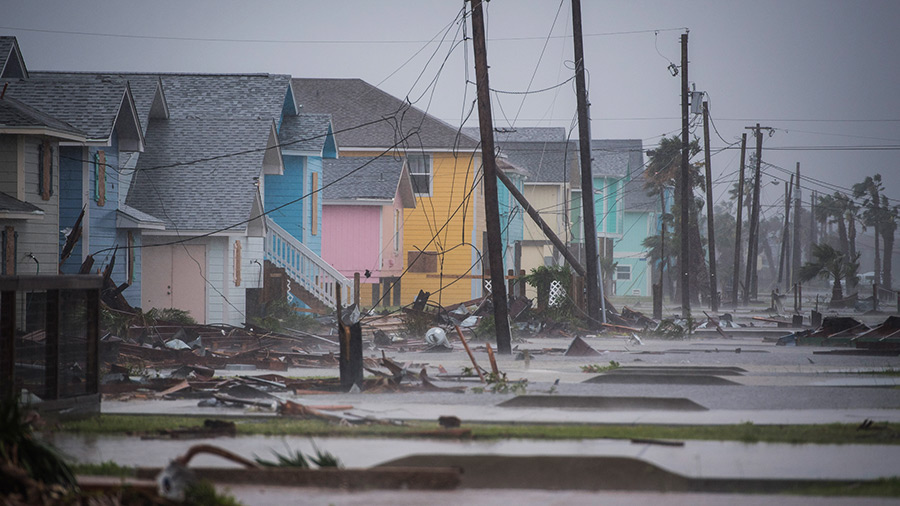 Damaged houses and flooding are seen in Rockport, TX as Hurricane Harvey hits the Texas coast on Saturday, Aug 26, 2017. 