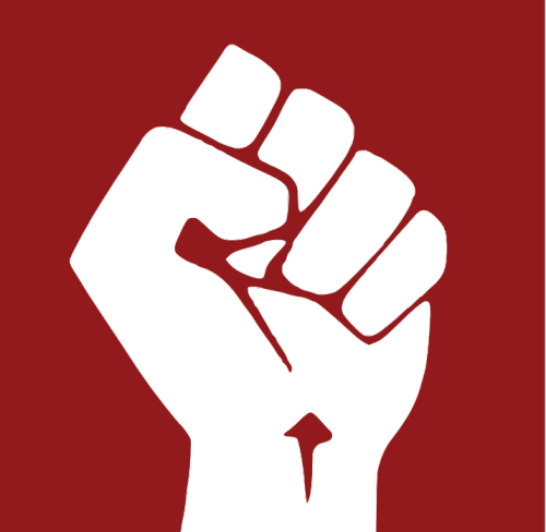 clenched fist on red background
